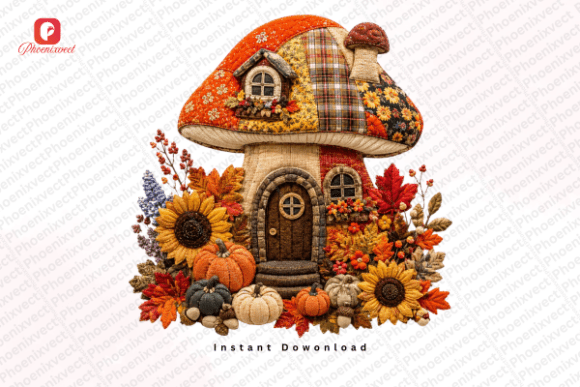 Download Autumn Patchwork Mushroom Cottage PNG - Mushroom Collection