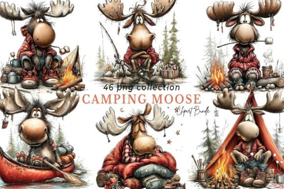 Download Whimsical Camping Moose Clipart Bundle - Moose Collection